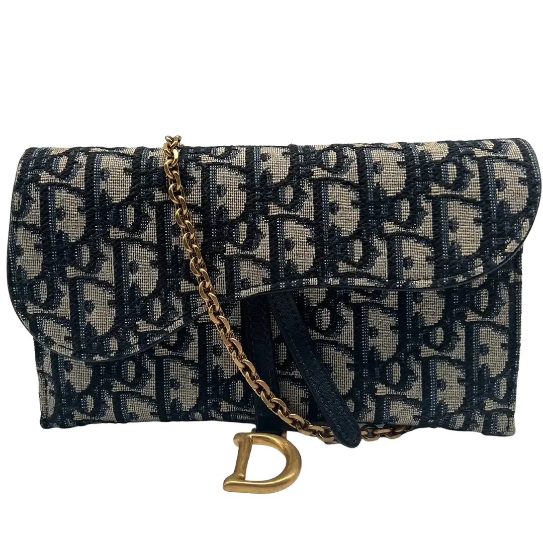 Dior Saddle Portmonnaie Langformat mit Kette Jacquard Blau / sehr gut